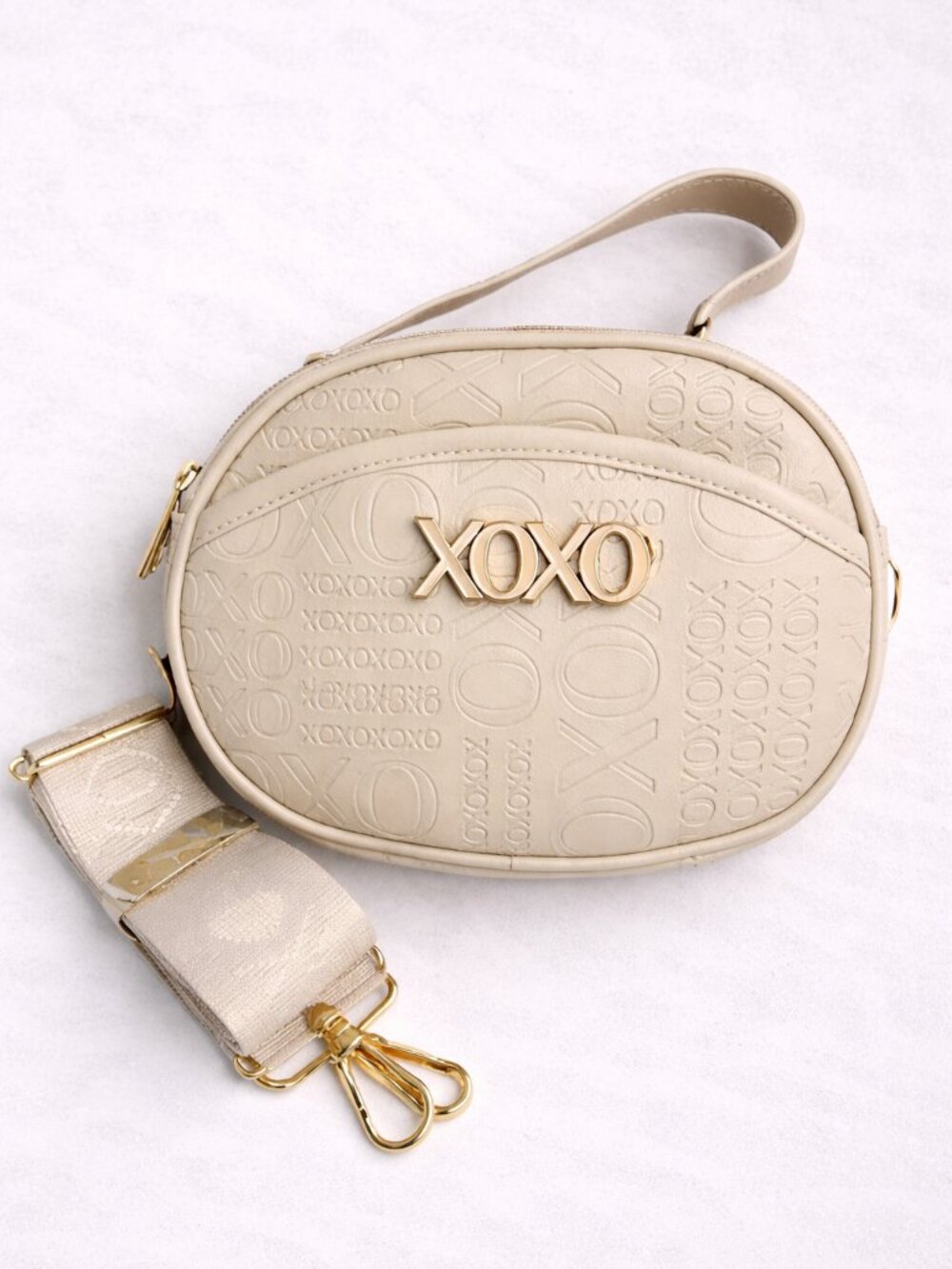 NWT XOXO Small Crossbody Bag -Cream Beige Adjustable Strap Logo Embossed